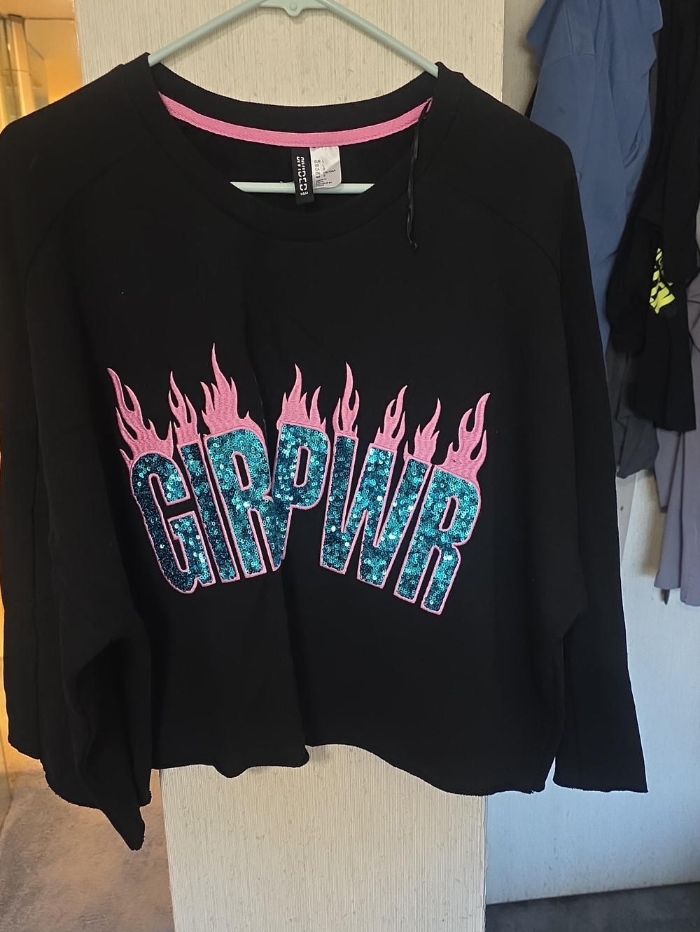 H&M Black Sweatshirt with Pink Flames and Teal Glitter 'GIRPWR' Graphic